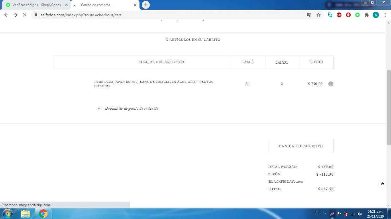Self Edge checkout page showing Self Edge discount code box | Screenshot taken by SimplyCodes community member on Nov 26, 2020