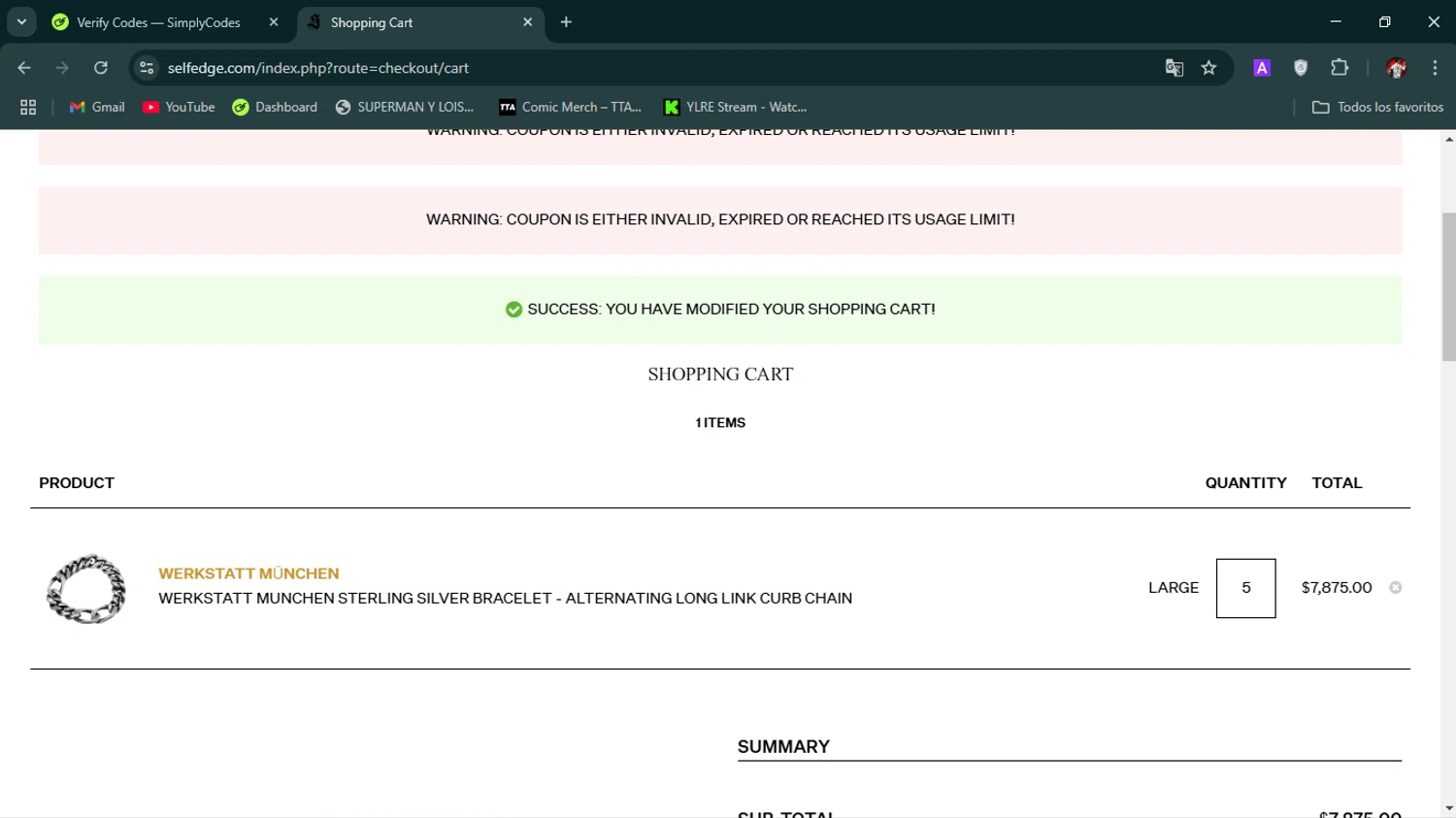Self Edge discount code screenshot showing code SUMMER24 applied at Self Edge checkout page. Uploaded by SimplyCodes community member avatar on Feb 6, 2025