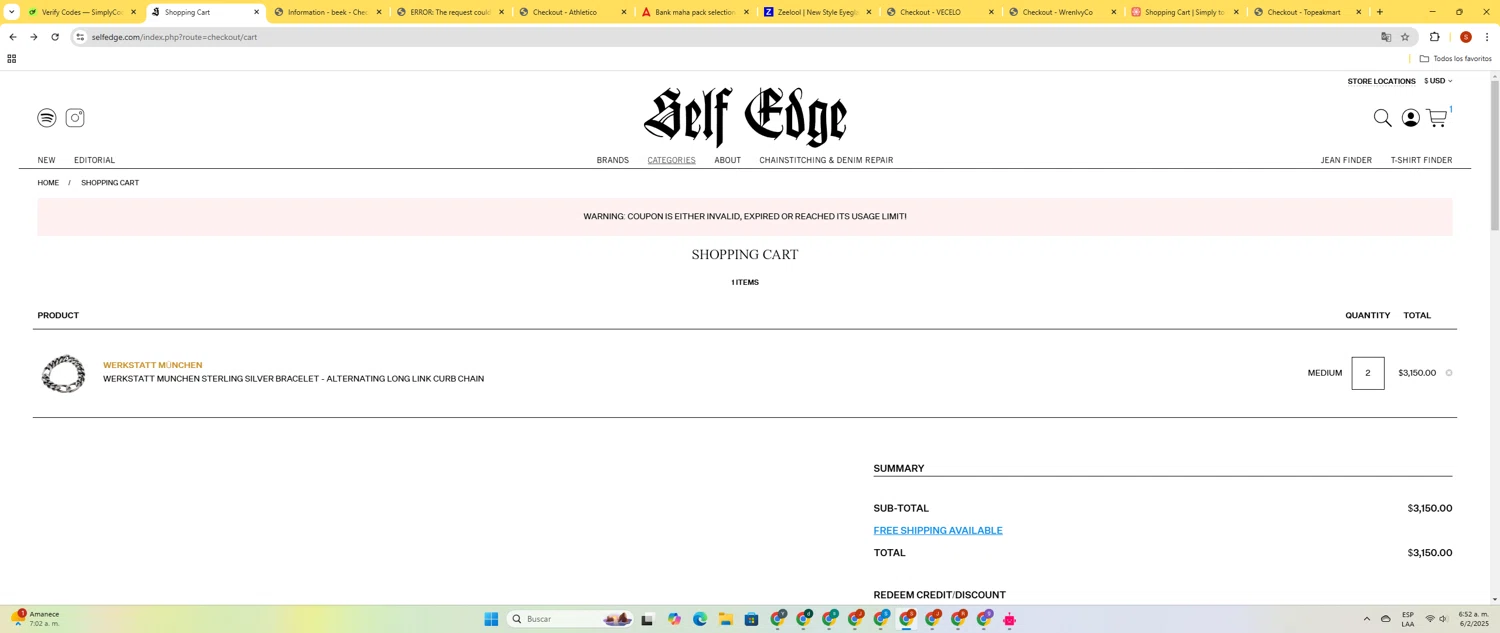 Self Edge discount code screenshot showing code SUMMER24 applied at Self Edge checkout page. Uploaded by SimplyCodes community member LegendaryBoss2307 on Feb 6, 2025