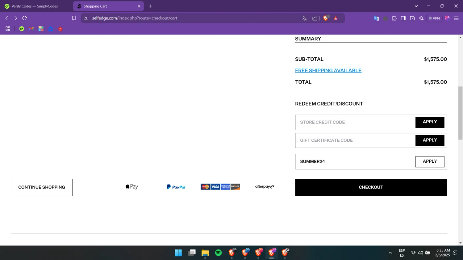 Self Edge checkout page showing Self Edge discount code box | Screenshot taken by SimplyCodes community member on Feb 6, 2025