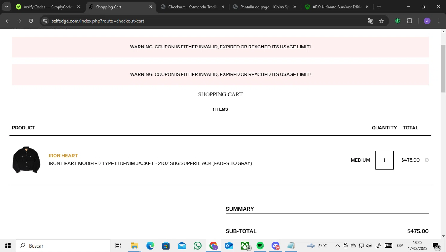 Self Edge discount code screenshot showing code BF24 applied at Self Edge checkout page. Uploaded by SimplyCodes community member ENCARAMESSI on Feb 17, 2025