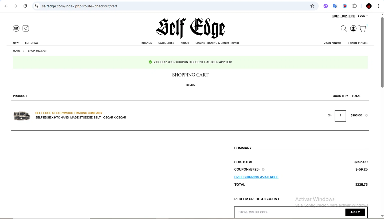 Self Edge discount code screenshot showing code BF25 applied at Self Edge checkout page. Uploaded by SimplyCodes community member Francisco01 on Nov 28, 2025