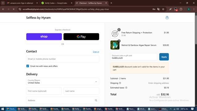 Selfless by Hyram checkout page showing Selfless by Hyram promo code box | Screenshot taken by SimplyCodes community member on Sep 12, 2025