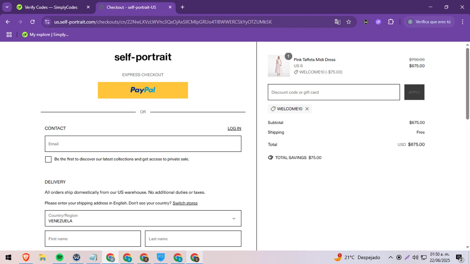 Self-portrait promo code screenshot showing code WELCOME10 applied at Self-portrait checkout page. Uploaded by SimplyCodes community member MoneySeeker8573 on Jun 22, 2025