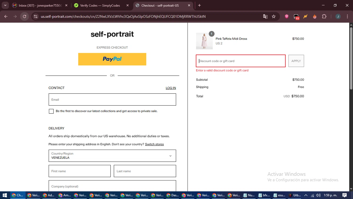 Self-portrait promo code screenshot showing code FREESHIPPING applied at Self-portrait checkout page. Uploaded by SimplyCodes community member ScanLynx8928 on Jul 8, 2025