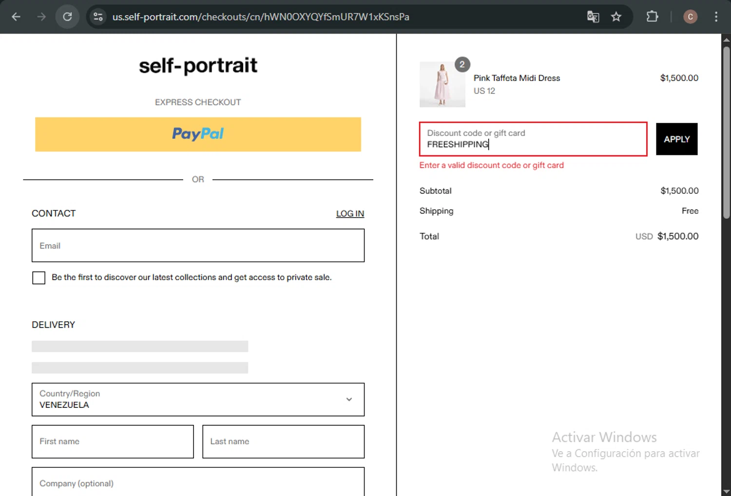 Self-portrait promo code screenshot showing code FREESHIPPING applied at Self-portrait checkout page. Uploaded by SimplyCodes community member SwiftCaptain4127 on Jul 8, 2025
