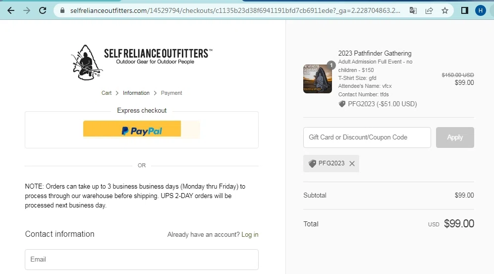 where to use Self Reliance Outfitters promo code box