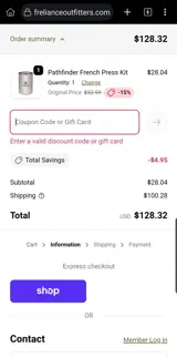 Self Reliance Outfitters coupon verification screenshot