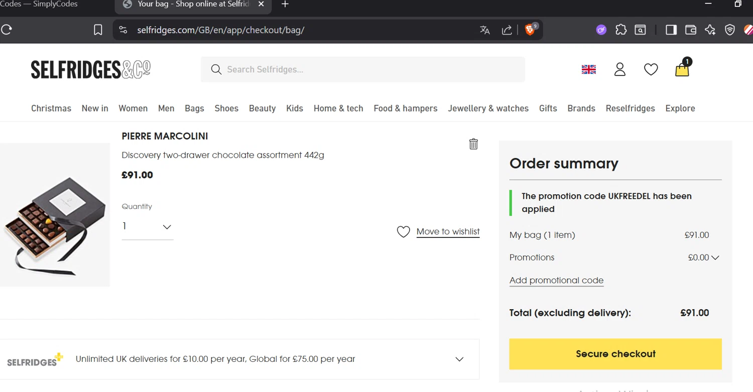 Selfridges promo code screenshot showing code UKFREEDEL applied at Selfridges checkout page. Uploaded by SimplyCodes community member CoinOwl5103 on Dec 2, 2025