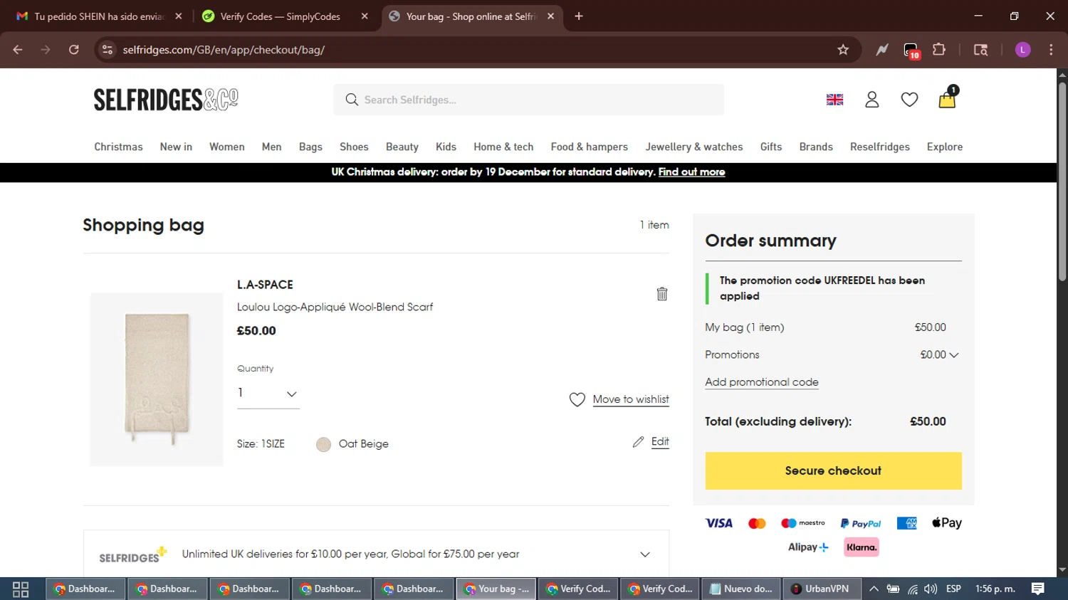 Selfridges promo code screenshot showing code UKFREEDEL applied at Selfridges checkout page. Uploaded by SimplyCodes community member RewardScout5160 on Dec 2, 2025