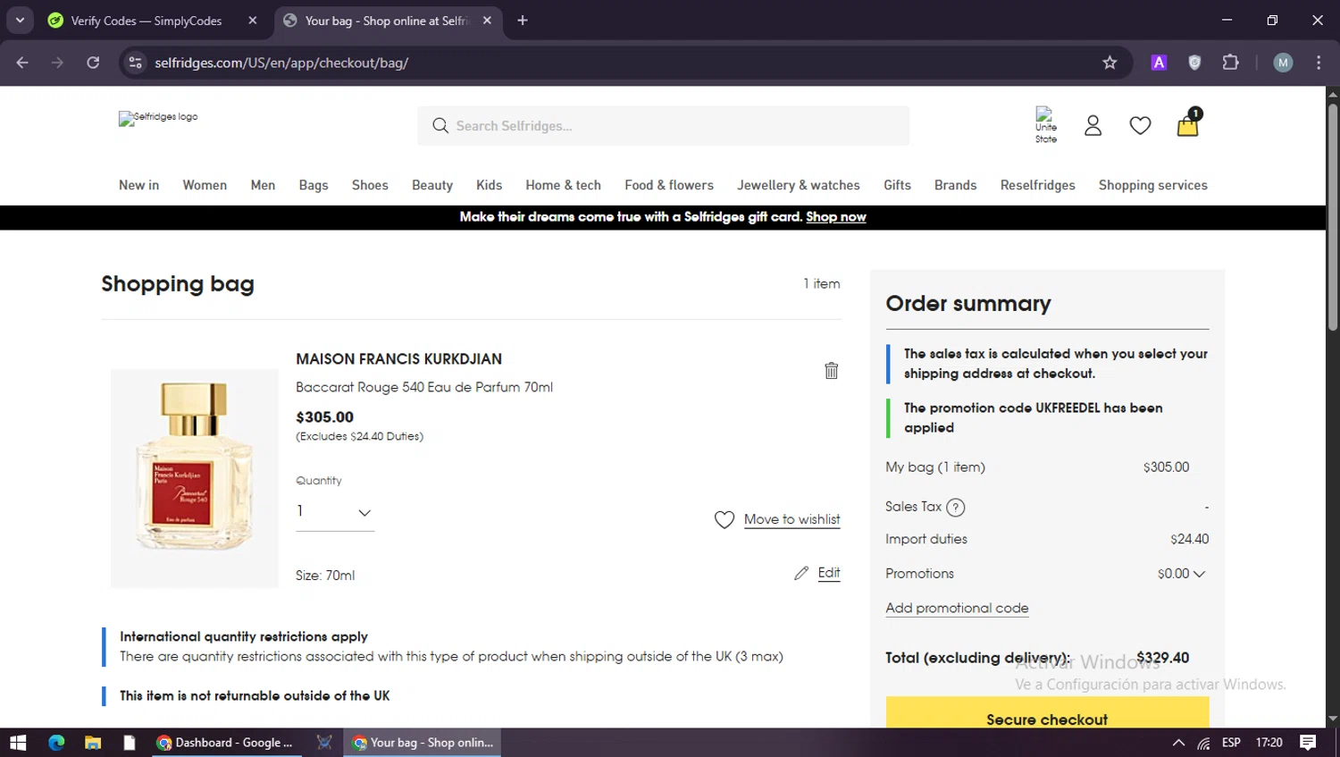 Selfridges promo code screenshot showing code UKFREEDEL applied at Selfridges checkout page. Uploaded by SimplyCodes community member maraxo on Feb 14, 2026