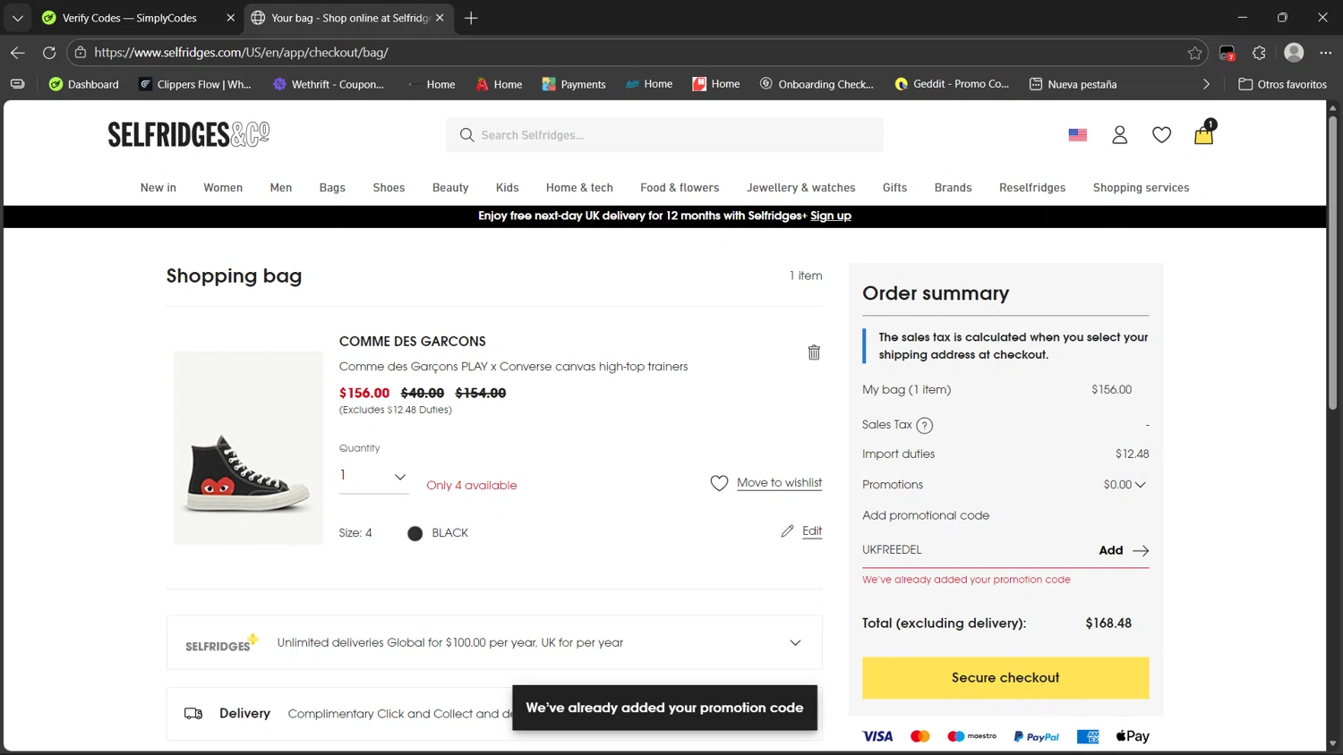 Selfridges checkout page showing Selfridges promo code box | Screenshot taken by SimplyCodes community member on Feb 21, 2026