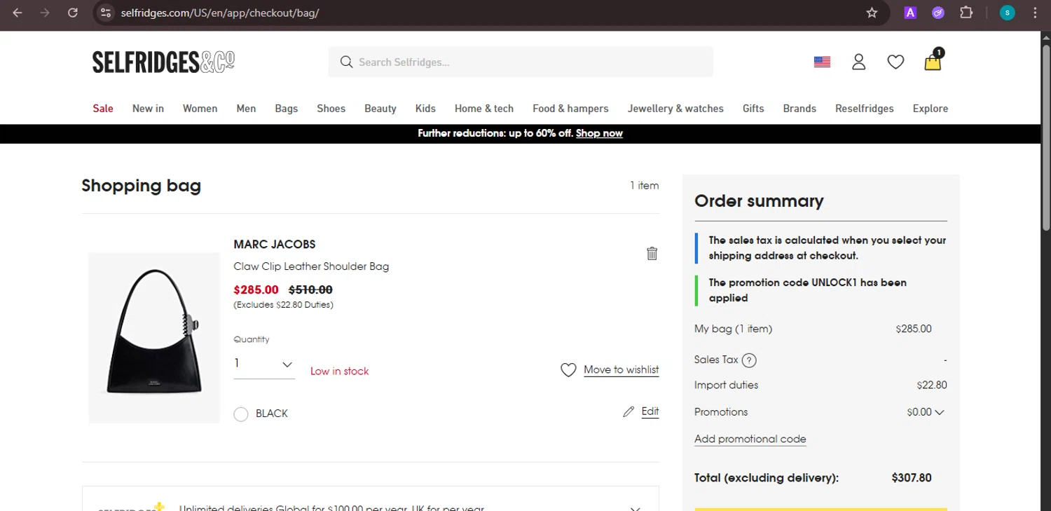 Selfridges checkout page showing Selfridges promo code box | Screenshot taken by SimplyCodes community member on Dec 31, 2025