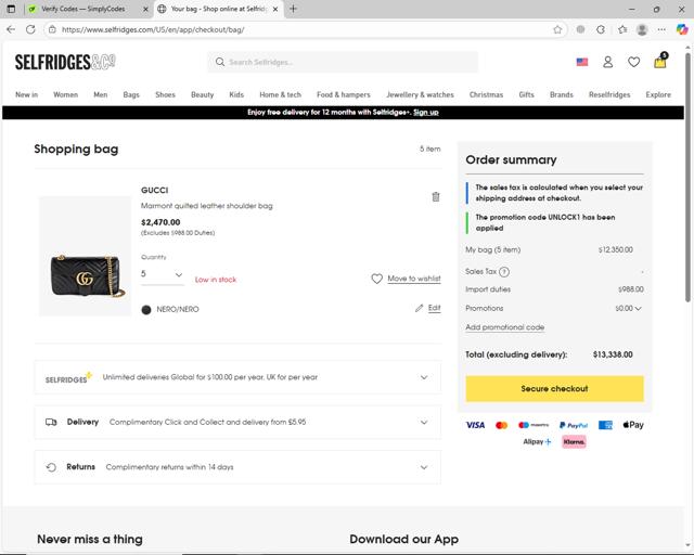 Selfridges checkout page showing Selfridges promo code box | Screenshot taken by SimplyCodes community member on Oct 6, 2025