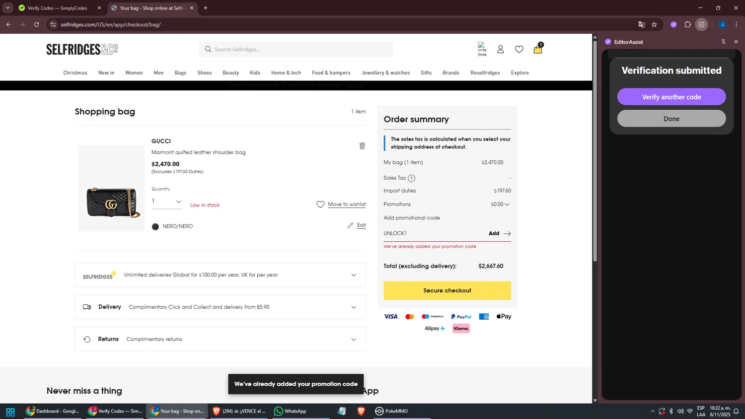 Selfridges promo code screenshot showing code UNLOCK1 applied at Selfridges checkout page. Uploaded by SimplyCodes community member oscarbeaujon on Nov 8, 2025