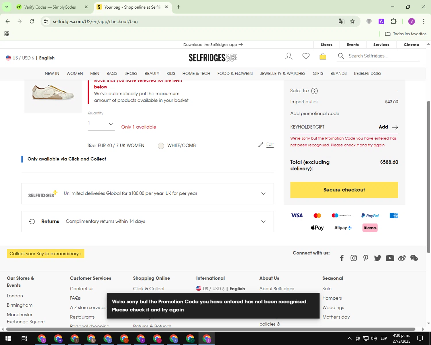 Selfridges promo code screenshot showing code KEYHOLDERGIFT applied at Selfridges checkout page. Uploaded by SimplyCodes community member CouponScout7561 on Mar 27, 2025