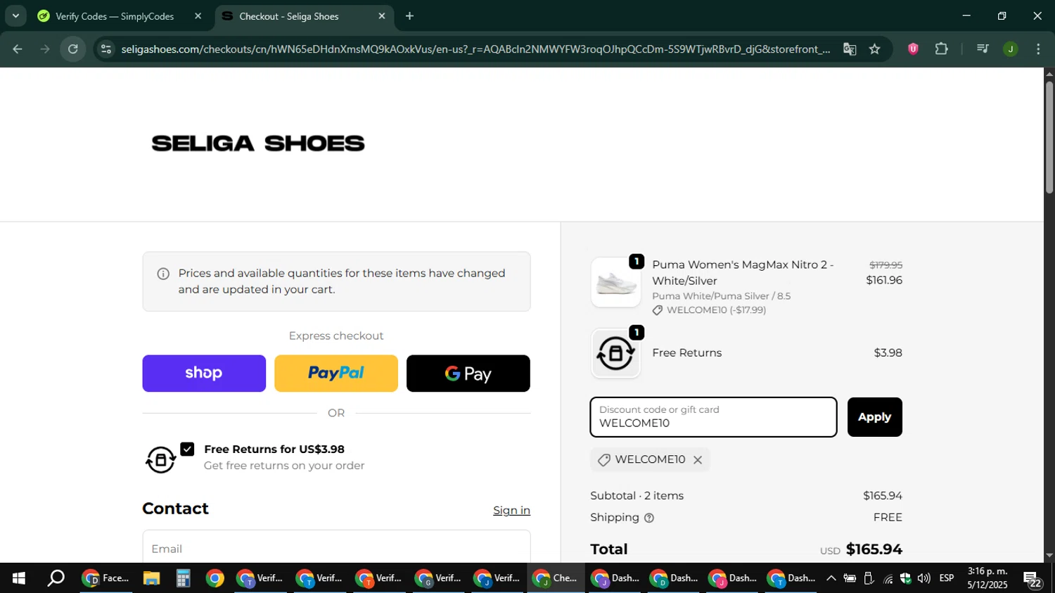Seliga Shoes coupon code screenshot showing code WELCOME10 applied at Seliga Shoes checkout page. Uploaded by SimplyCodes community member ShieldFinder369 on Dec 5, 2025