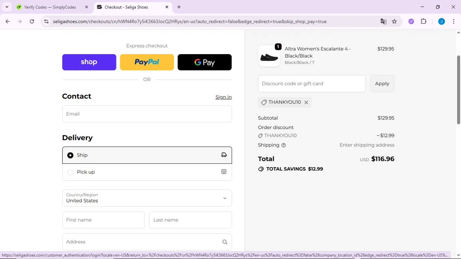 Seliga Shoes coupon code screenshot showing code THANKYOU10 applied at Seliga Shoes checkout page. Uploaded by SimplyCodes community member CodeLynx3161 on Oct 23, 2025
