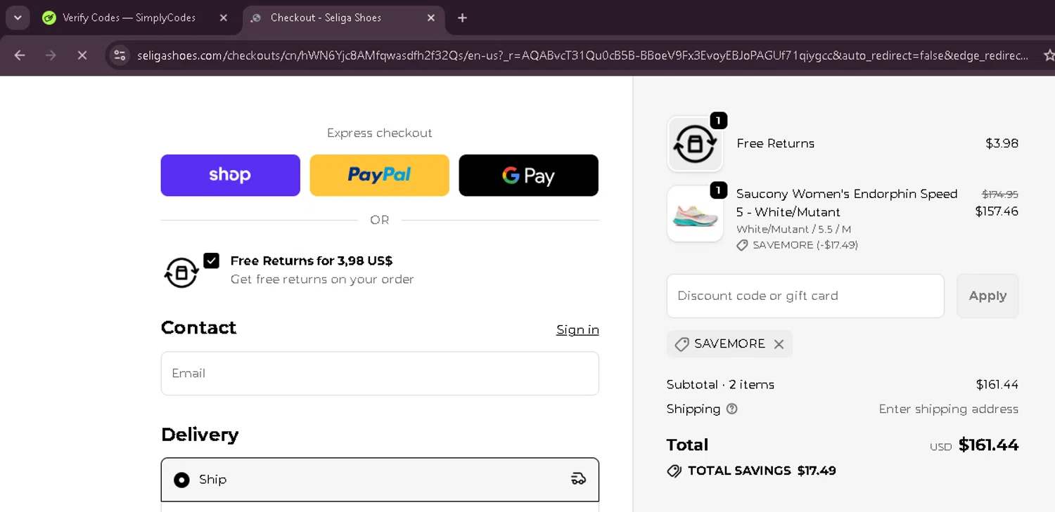 Seliga Shoes coupon code screenshot showing code SAVEMORE applied at Seliga Shoes checkout page. Uploaded by SimplyCodes community member EnmanuelEDITOR on Dec 18, 2025