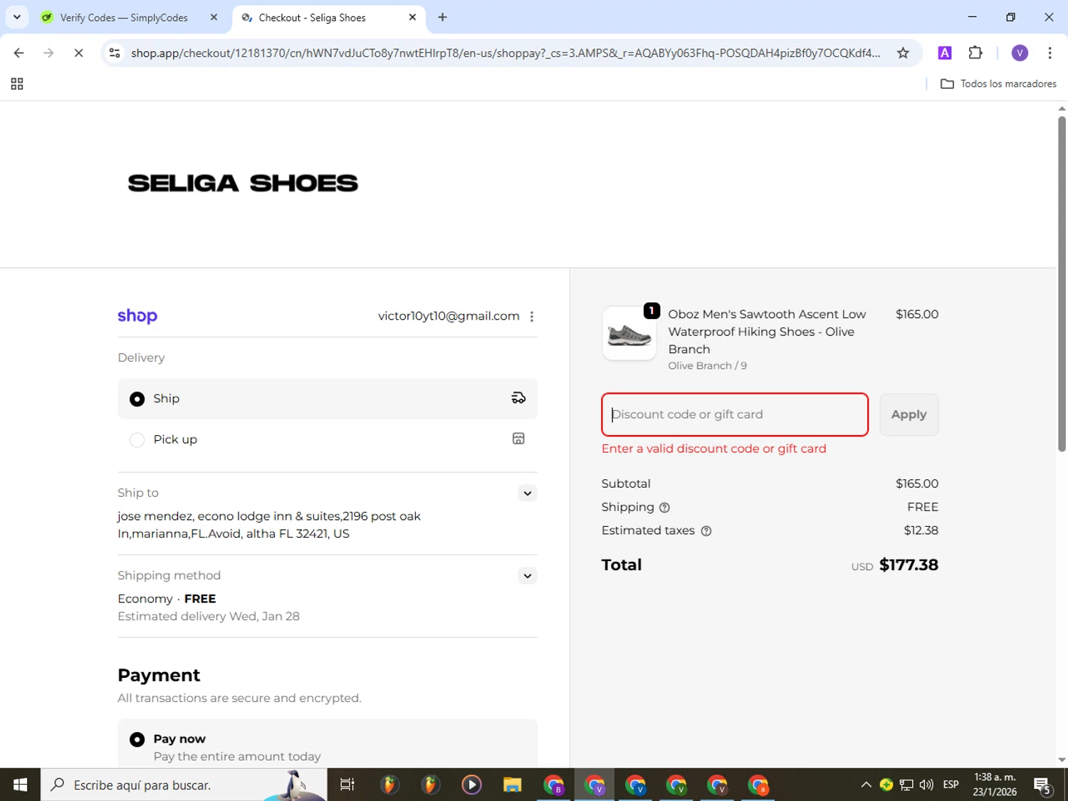 Seliga Shoes coupon code screenshot showing code RESET10 applied at Seliga Shoes checkout page. Uploaded by SimplyCodes community member Gianpiero on Jan 23, 2026