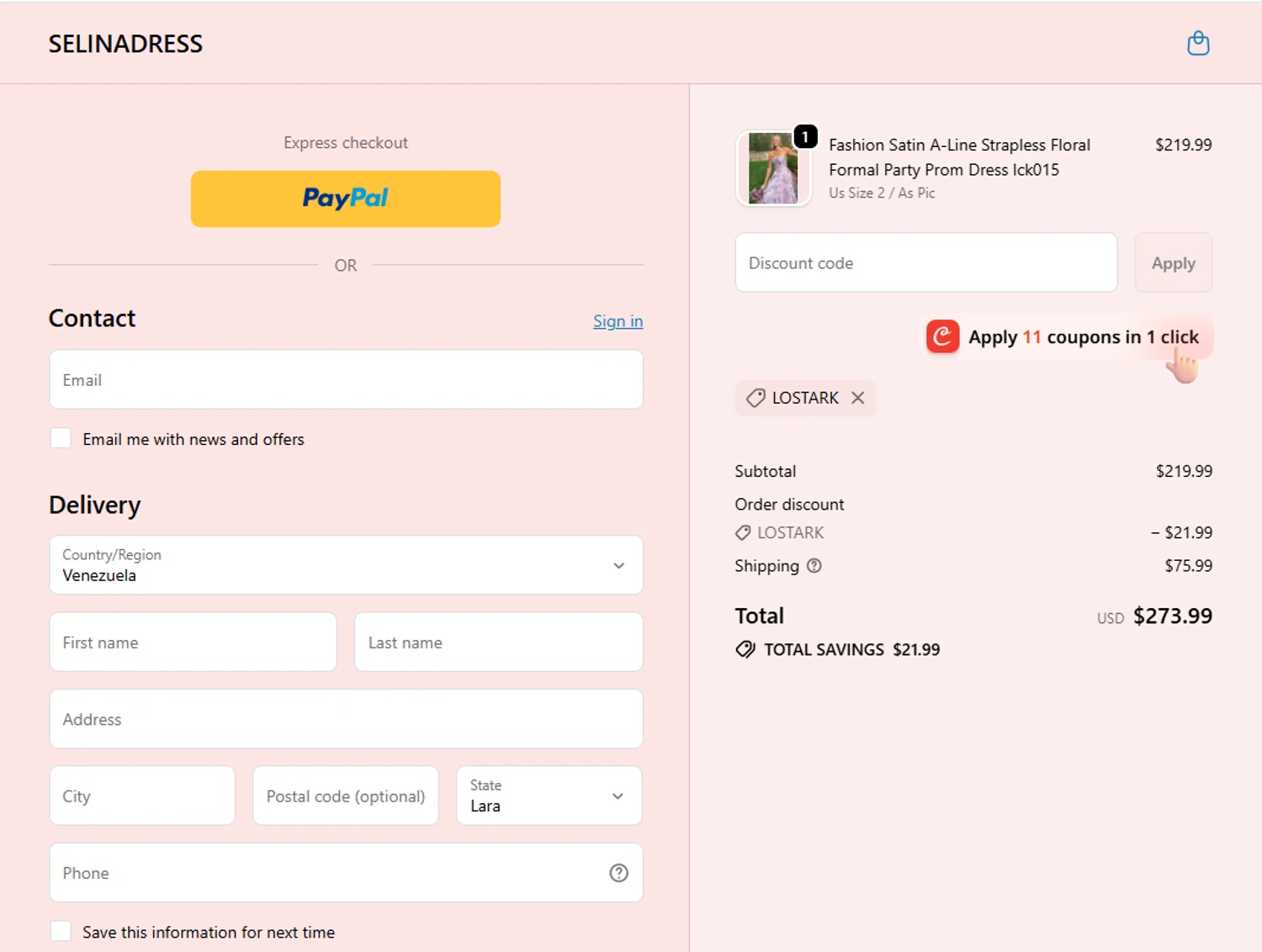 Selinadress promo code screenshot showing code LOSTARK applied at Selinadress checkout page. Uploaded by SimplyCodes community member SwiftSpotter945 on Jun 7, 2026