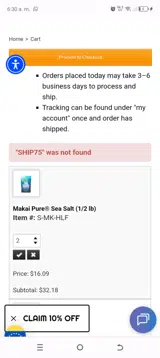 SHIP75 coupon verification screenshot