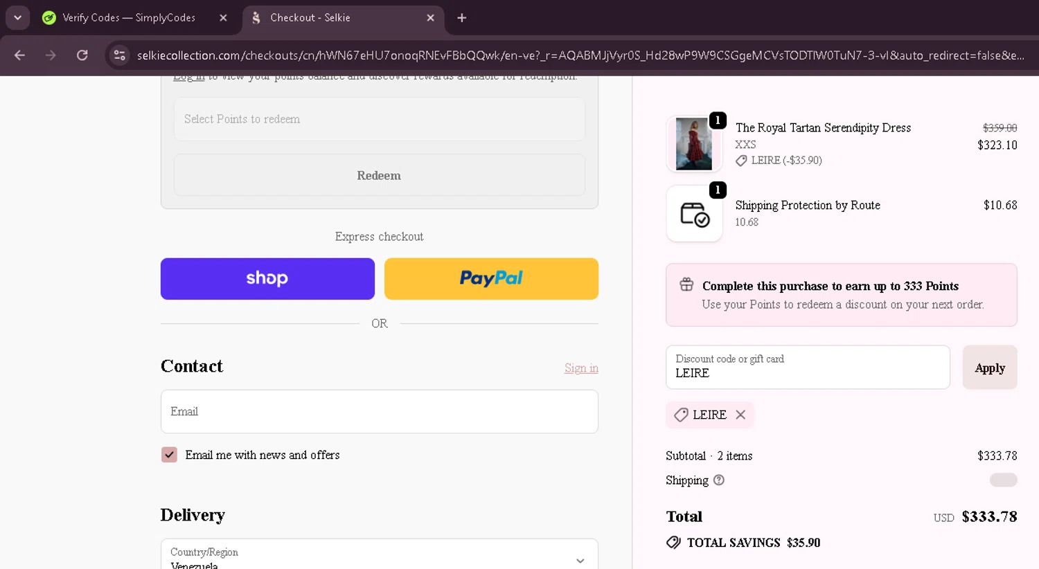 Selkie discount code screenshot showing code LEIRE applied at Selkie checkout page. Uploaded by SimplyCodes community member EnmanuelEDITOR on Dec 6, 2025