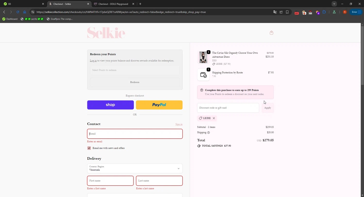 Selkie discount code screenshot showing code LEIRE applied at Selkie checkout page. Uploaded by SimplyCodes community member SavvyFinder1532 on Oct 24, 2025