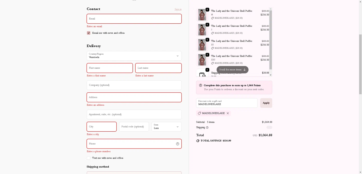 Selkie discount code screenshot showing code MADELINEBLAKE applied at Selkie checkout page. Uploaded by SimplyCodes community member CleverLynx8583 on Nov 4, 2025