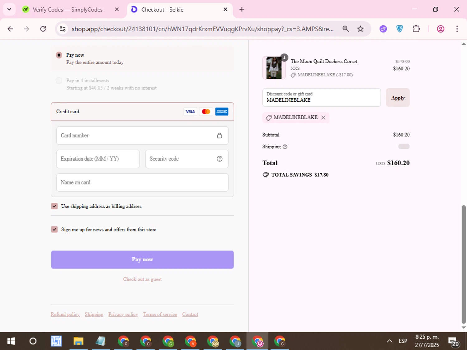 Selkie discount code screenshot showing code MADELINEBLAKE applied at Selkie checkout page. Uploaded by SimplyCodes community member QuestCurator1644 on Jul 28, 2025