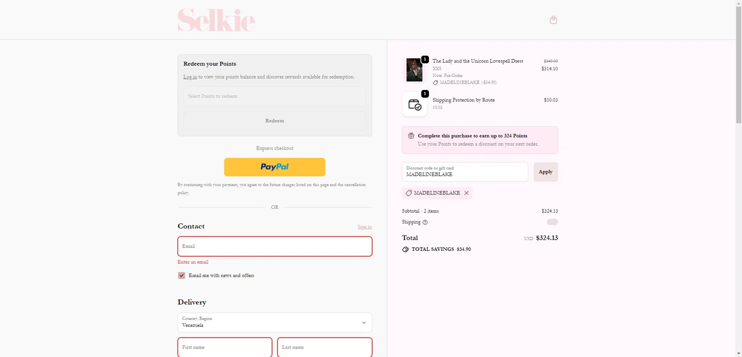 Selkie discount code screenshot showing code MADELINEBLAKE applied at Selkie checkout page. Uploaded by SimplyCodes community member SwiftCurator4059 on Nov 4, 2025