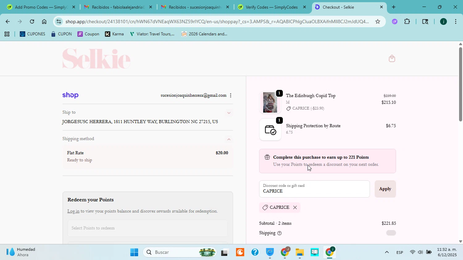 Selkie discount code screenshot showing code CAPRICE applied at Selkie checkout page. Uploaded by SimplyCodes community member jorgejavierherrera on Dec 6, 2025