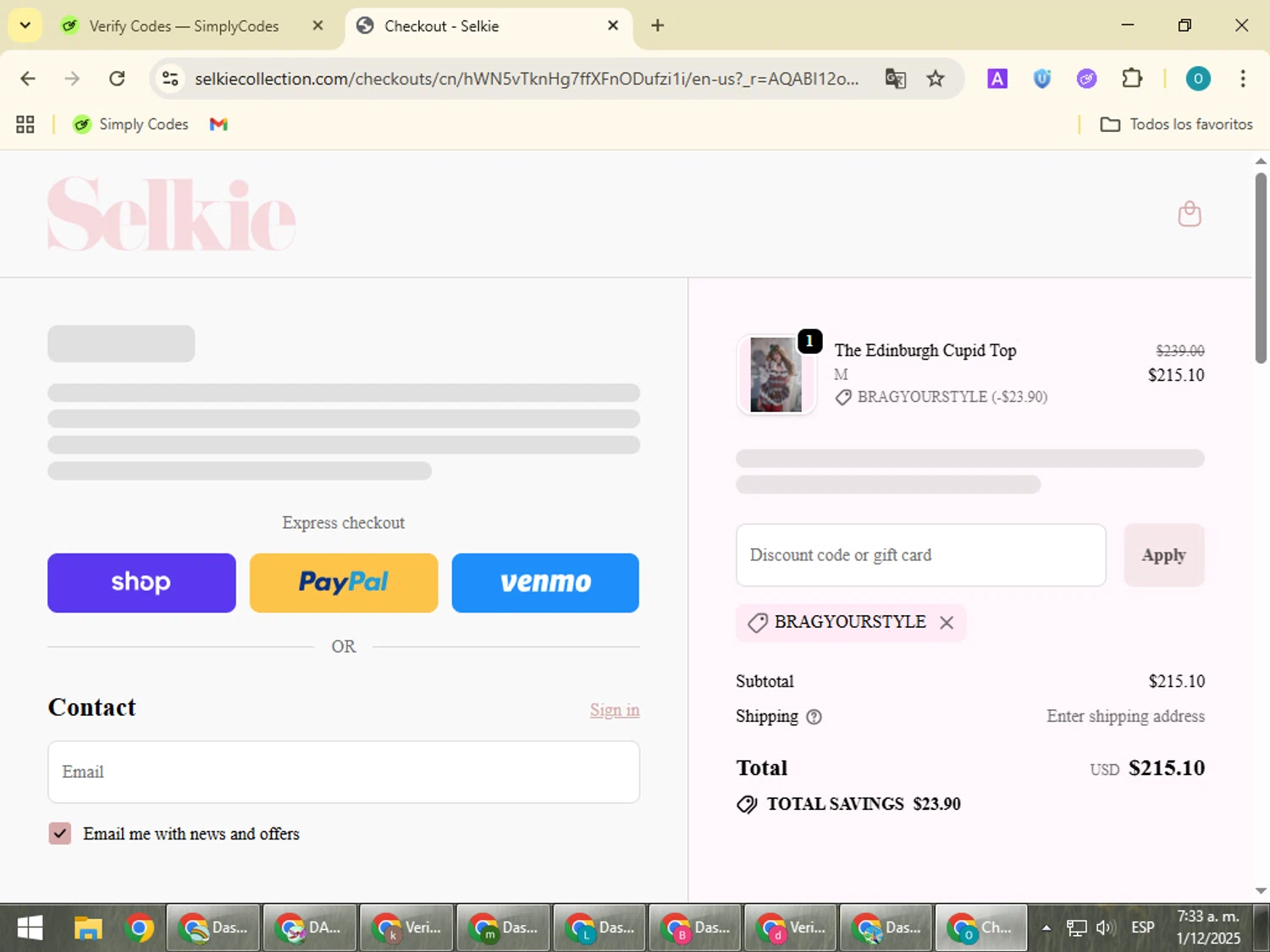 Selkie discount code screenshot showing code BRAGYOURSTYLE applied at Selkie checkout page. Uploaded by SimplyCodes community member BudgetSeeker9524 on Dec 1, 2025