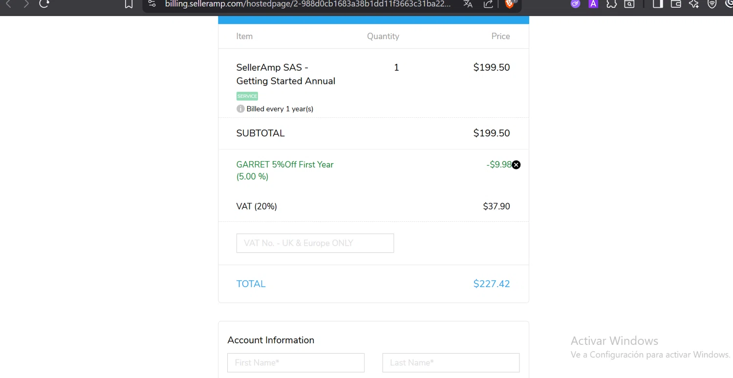 Seller Amp checkout page showing Seller Amp coupon code box | Screenshot taken by SimplyCodes community member on Jan 8, 2026