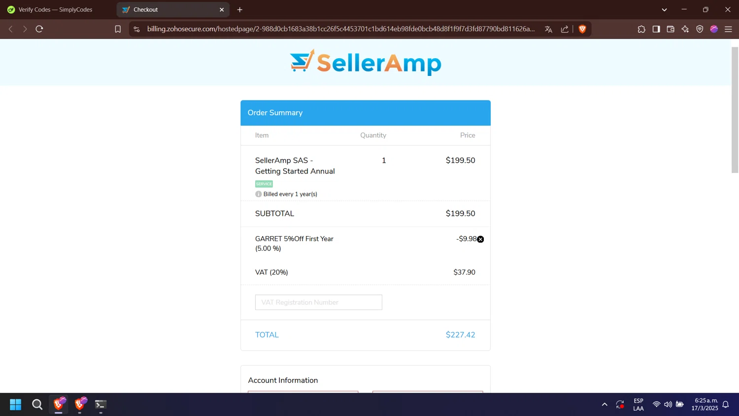 Seller Amp coupon code screenshot showing code GARRET_ANNUAL applied at Seller Amp checkout page. Uploaded by SimplyCodes community member esperanza on Mar 17, 2025