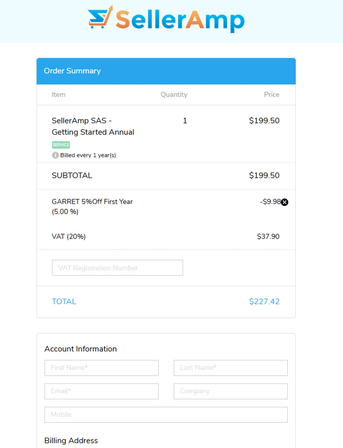 Seller Amp coupon code screenshot showing code GARRET_ANNUAL applied at Seller Amp checkout page. Uploaded by SimplyCodes community member La_Cara_Mia on Mar 27, 2025