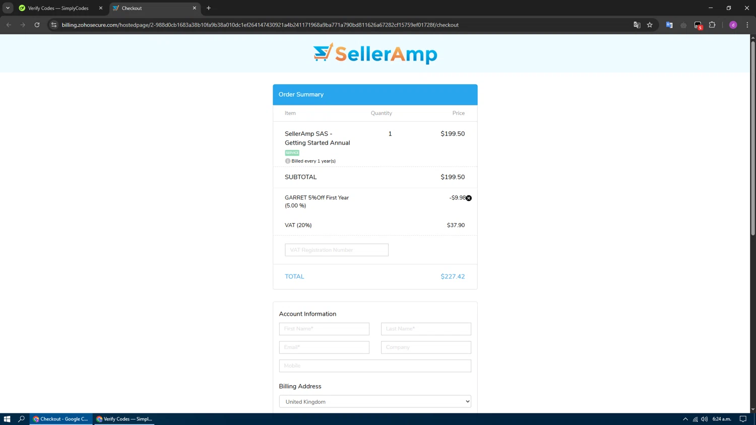 Seller Amp coupon code screenshot showing code GARRET_ANNUAL applied at Seller Amp checkout page. Uploaded by SimplyCodes community member SwiftFox1285 on Mar 17, 2025
