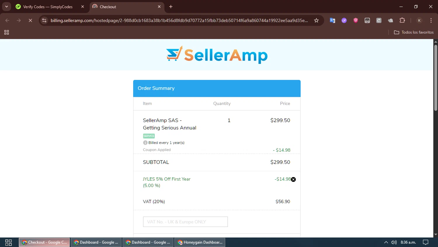 Seller Amp coupon code screenshot showing code JYLES_ANNUAL applied at Seller Amp checkout page. Uploaded by SimplyCodes community member SavingsBoss991 on Nov 13, 2025