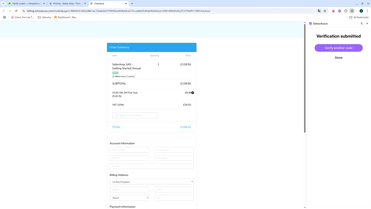 Seller Amp coupon code screenshot showing code JYLES_ANNUAL applied at Seller Amp checkout page. Uploaded by SimplyCodes community member admeneses on Jul 20, 2025