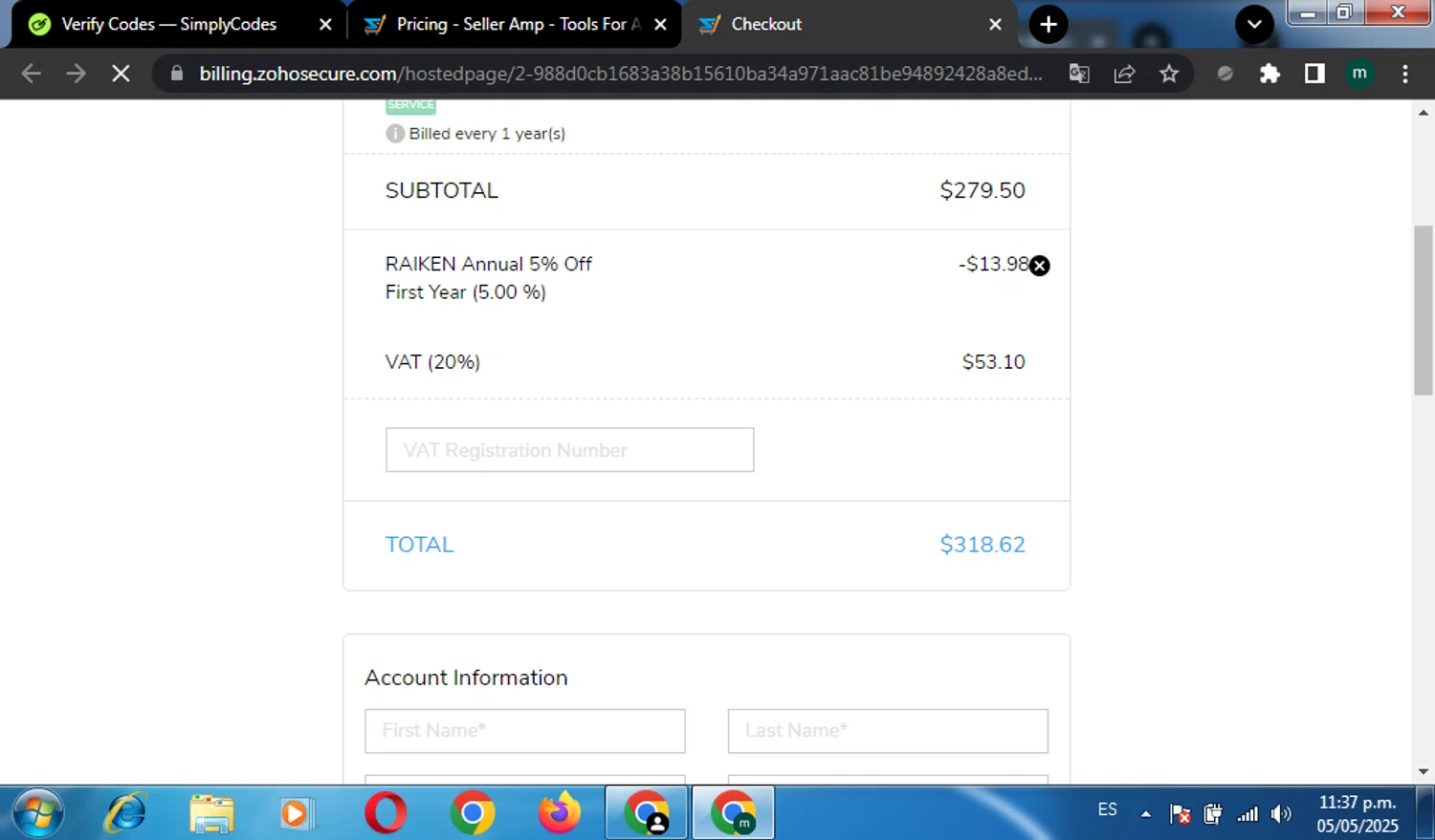 Seller Amp coupon code screenshot showing code RAIKEN_ANNUAL applied at Seller Amp checkout page. Uploaded by SimplyCodes community member miguel01 on May 6, 2025