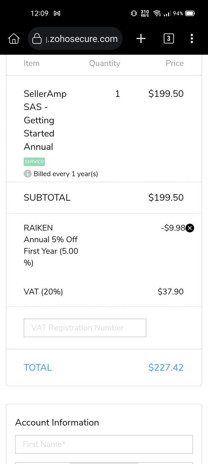 Seller Amp coupon code screenshot showing code RAIKEN_ANNUAL applied at Seller Amp checkout page. Uploaded by SimplyCodes community member Wonderwoman82 on Mar 13, 2025