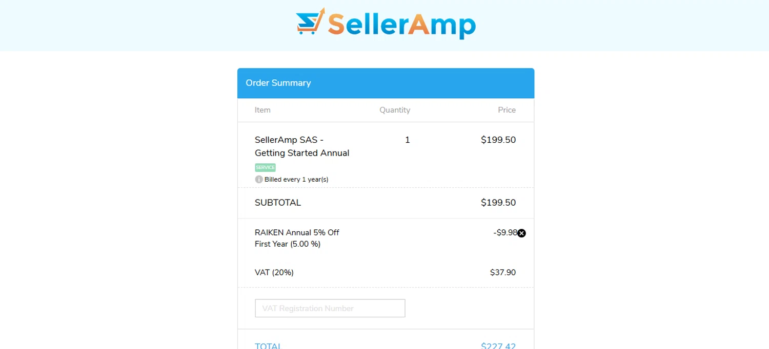 Seller Amp coupon code screenshot showing code RAIKEN_ANNUAL applied at Seller Amp checkout page. Uploaded by SimplyCodes community member joandgray9 on Apr 11, 2025