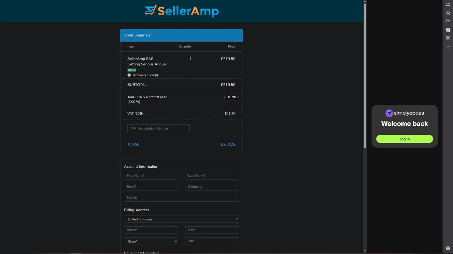 Seller Amp coupon code screenshot showing code TONAFBAANNUAL applied at Seller Amp checkout page. Uploaded by SimplyCodes community member POWERRANGERRED on Jun 26, 2025
