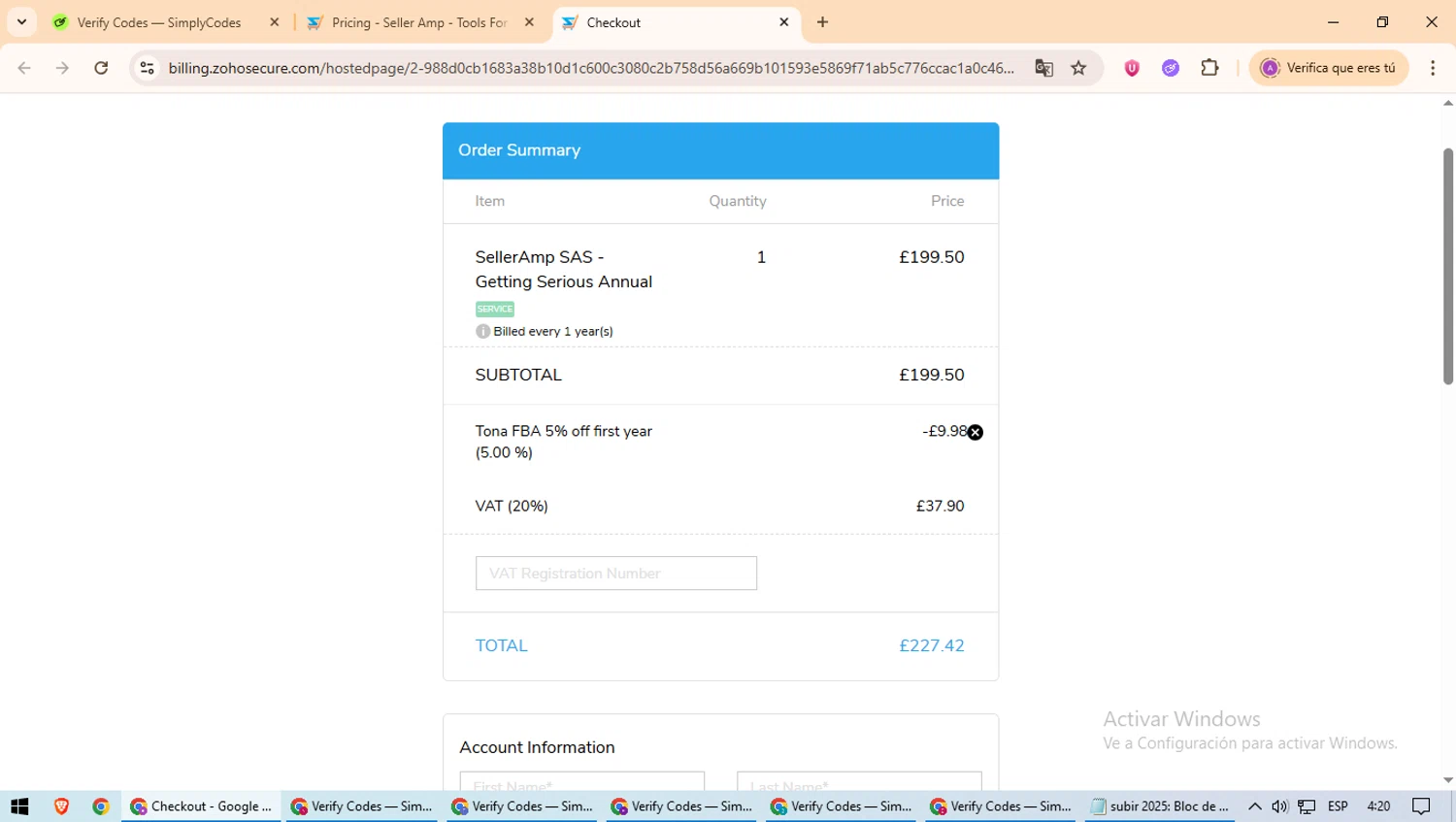 Seller Amp coupon code screenshot showing code TONAFBAANNUAL applied at Seller Amp checkout page. Uploaded by SimplyCodes community member ScanExpert2824 on May 31, 2025
