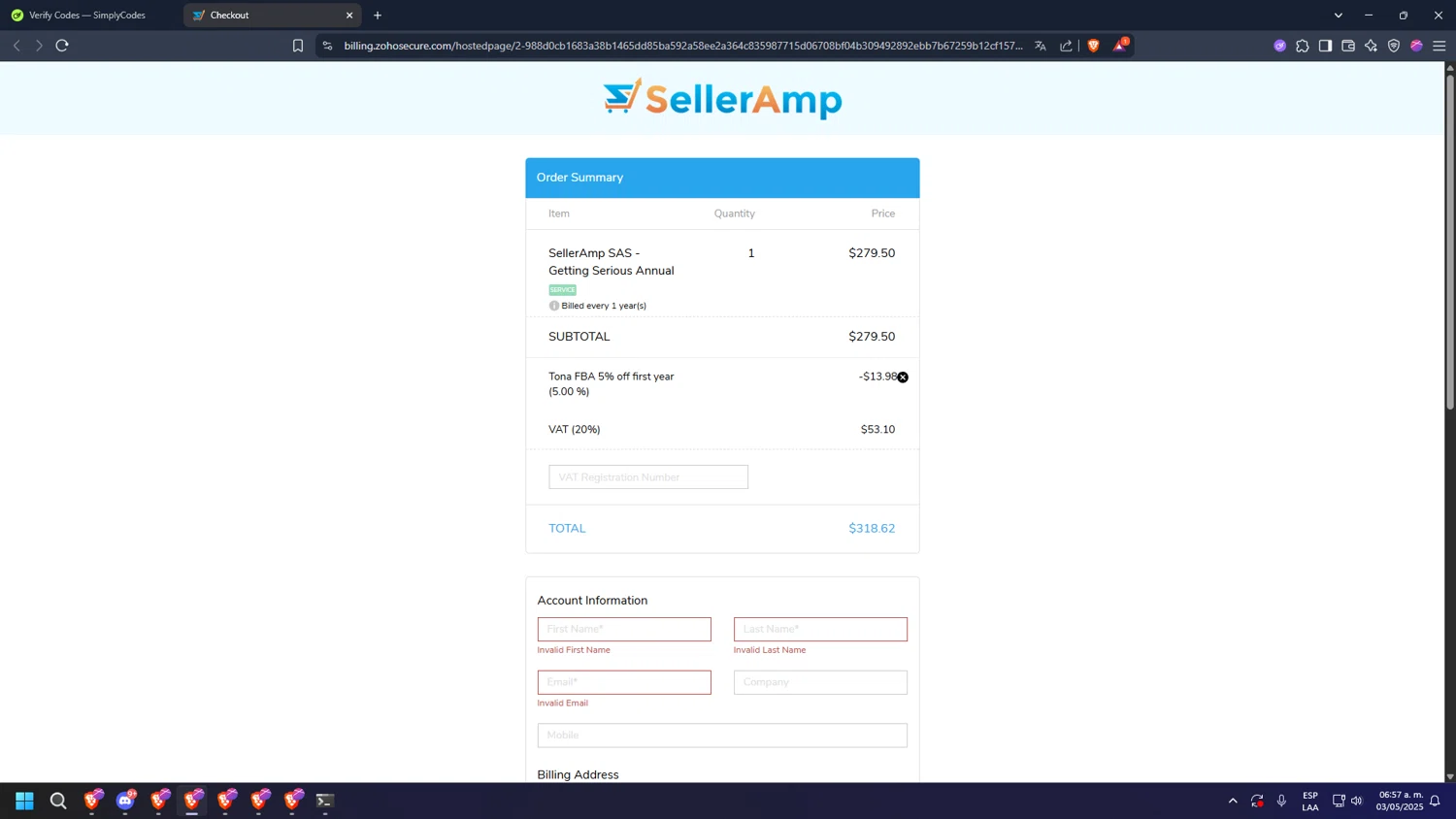 Seller Amp coupon code screenshot showing code TONAFBAANNUAL applied at Seller Amp checkout page. Uploaded by SimplyCodes community member diosgreed2030 on May 3, 2025