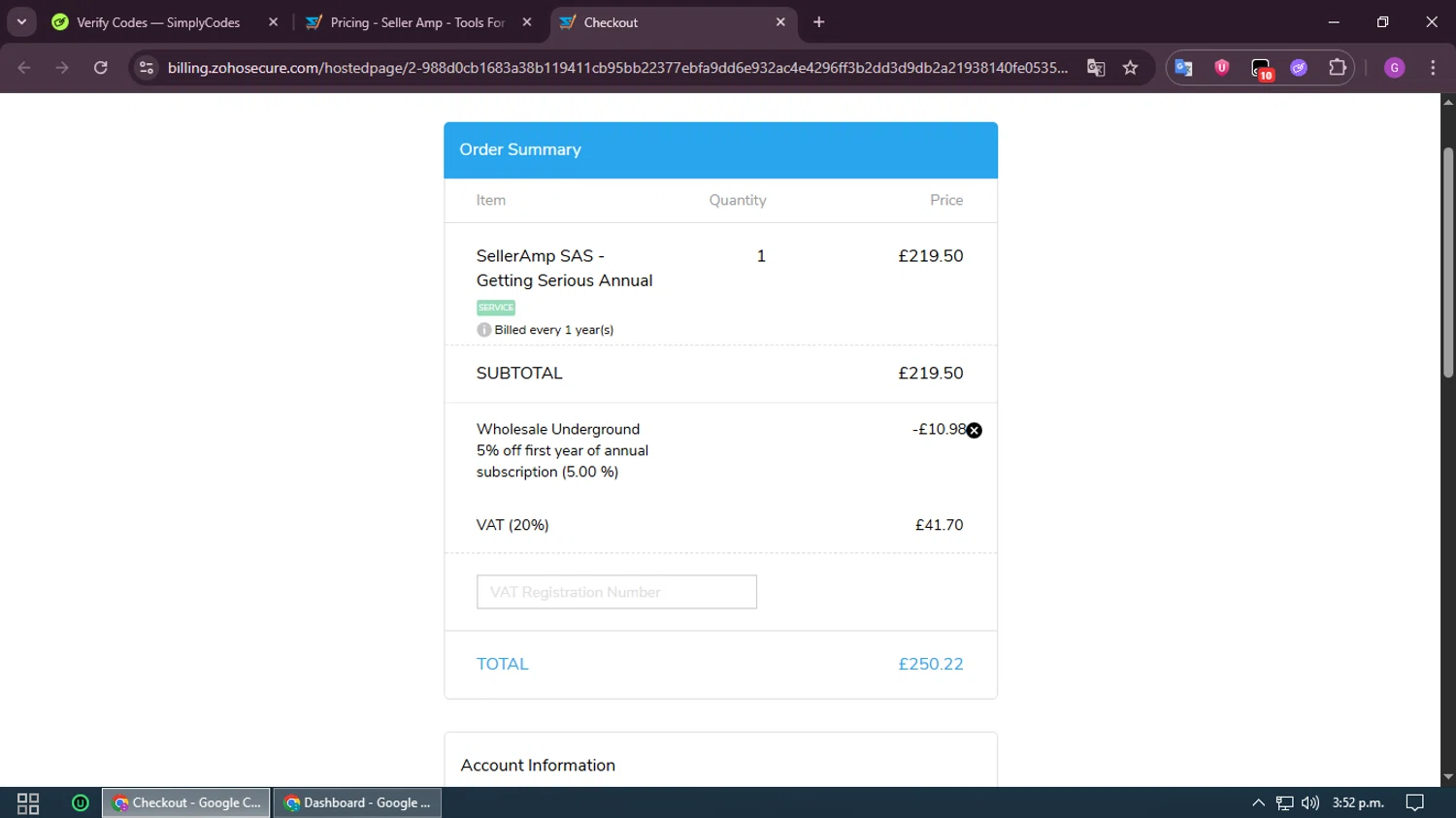 Seller Amp coupon code screenshot showing code WSU5_ANNUAL applied at Seller Amp checkout page. Uploaded by SimplyCodes community member RewardHero5435 on Jul 1, 2025