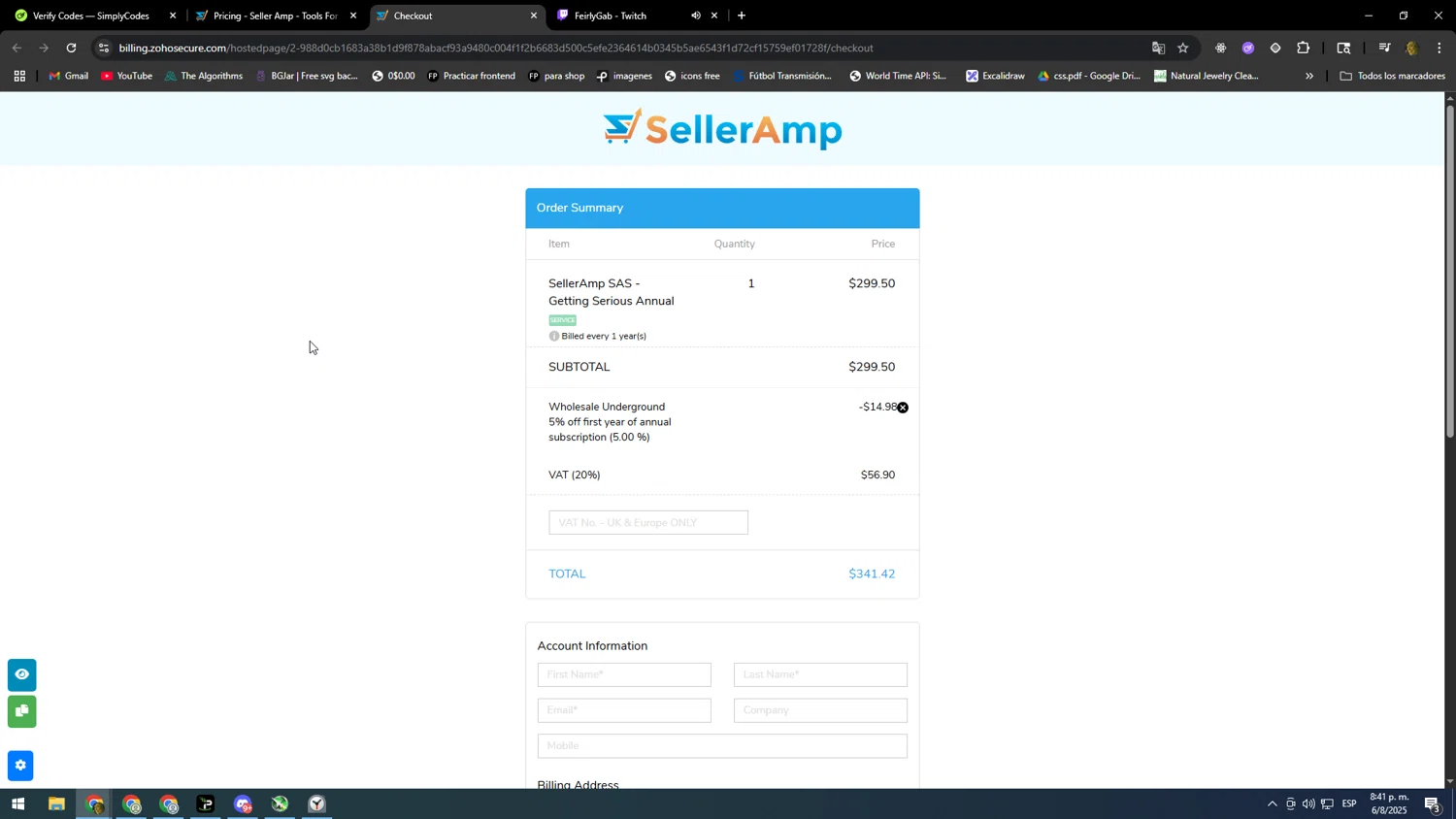 Seller Amp coupon code screenshot showing code WSU5_ANNUAL applied at Seller Amp checkout page. Uploaded by SimplyCodes community member kakakakakka on Aug 7, 2025