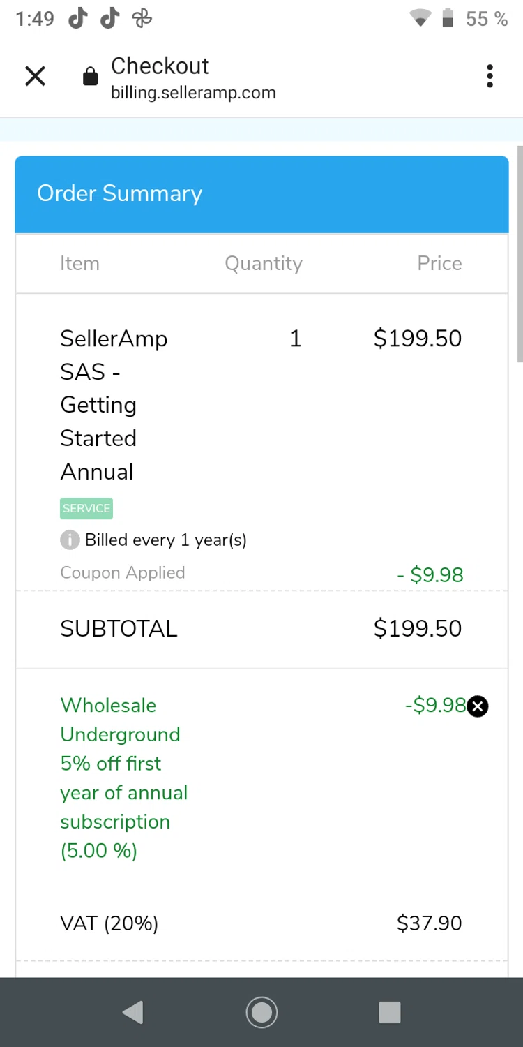 Seller Amp coupon code screenshot showing code WSU5_ANNUAL applied at Seller Amp checkout page. Uploaded by SimplyCodes community member zaidaelena on Oct 27, 2025