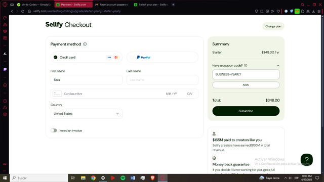 Sellfy checkout page showing Sellfy promo code box | Screenshot taken by SimplyCodes community member on Jun 21, 2025