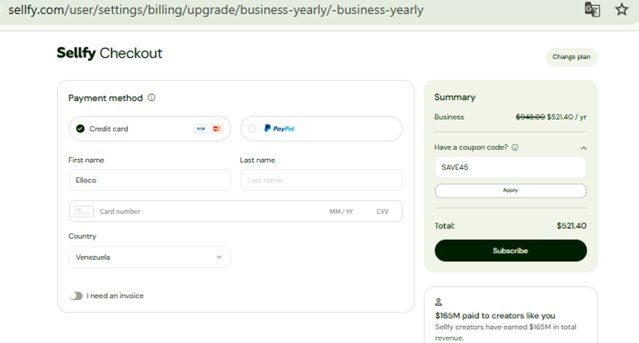 Sellfy checkout page showing Sellfy promo code box | Screenshot taken by SimplyCodes community member on Jul 20, 2025